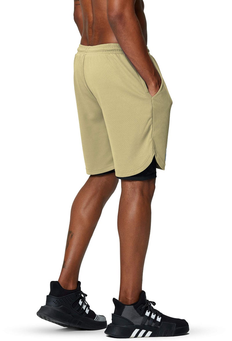 Pinkbomb Men's 2 in 1 Running Shorts Gym Workout Quick Dry Mens Shorts with Phone Pocket (Khaki, Large - Image 5